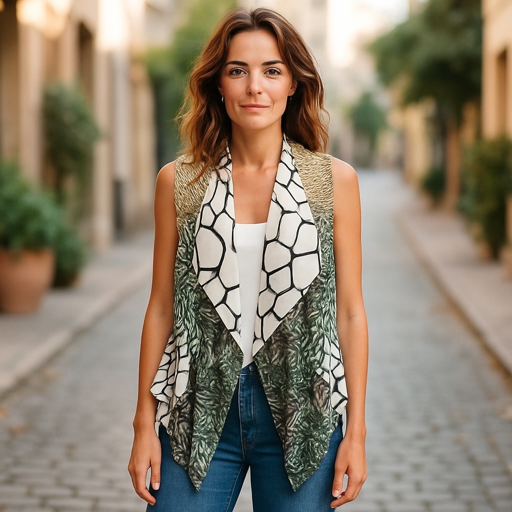 Alberto Makali Black and White Organic Abstract sleeveless cardigan with pockets - Picture 2 of 8